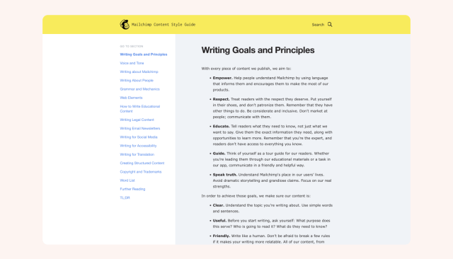 Mailchimp content style guide - writing goals and principles